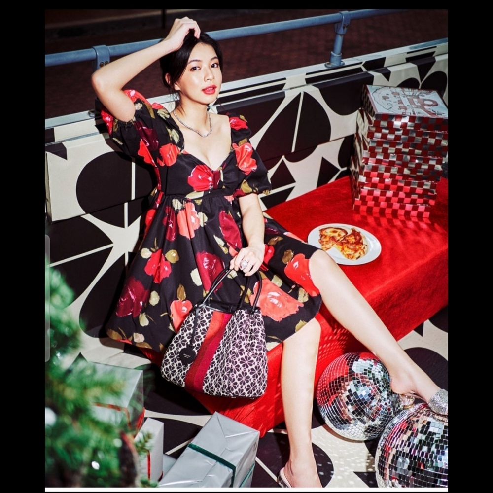 NWT Kate Just Rosy BeauRose Floral Printed Swing Dress,Black